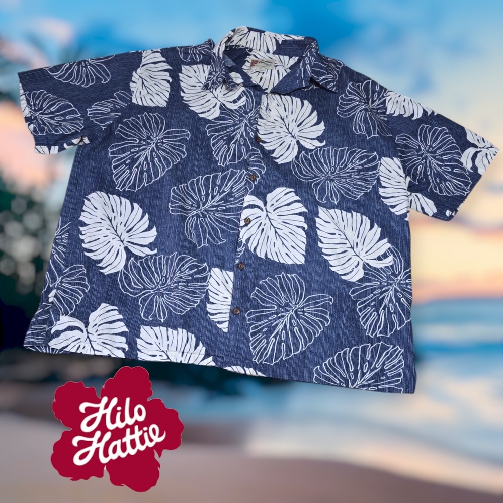 Hilo Hattie Mens Monstera Leaf Print Aloha Button Down Shirt Blue 2XL